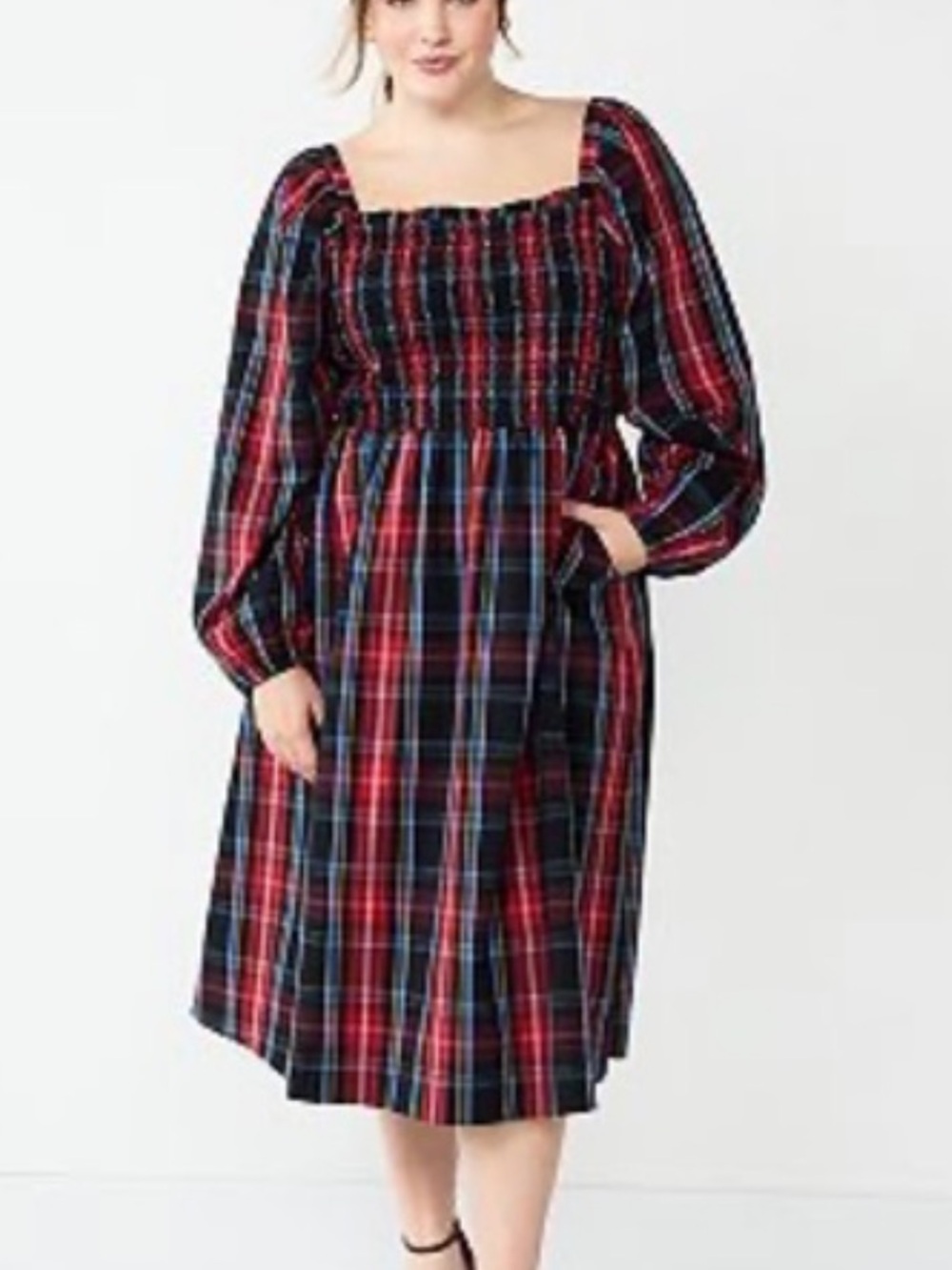 Draper James RSVP Plaid Smocked Square Neck Women's Midi Dress 3X